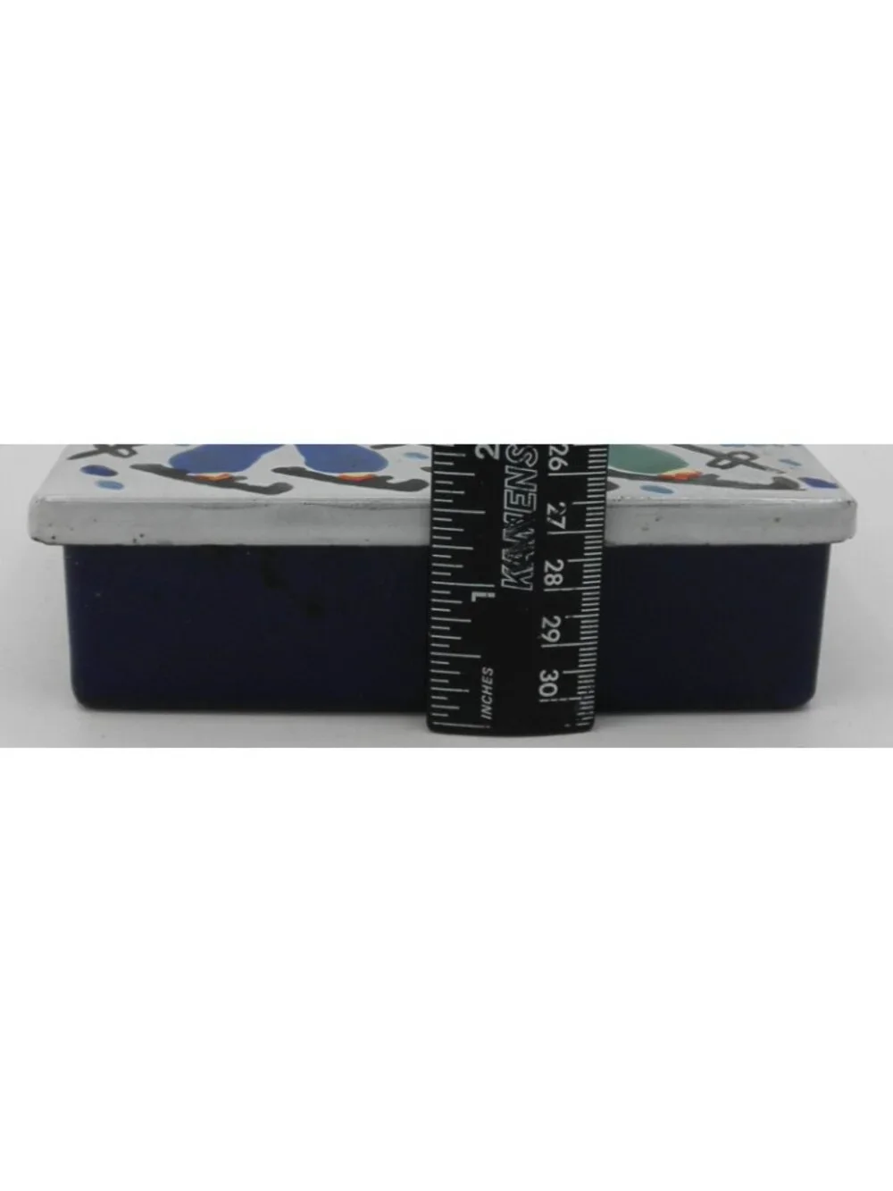 VTG Rectangular Enamel Over Metal Trinket Dresser Box Skiers FLAW CHIPPED ENAMEL